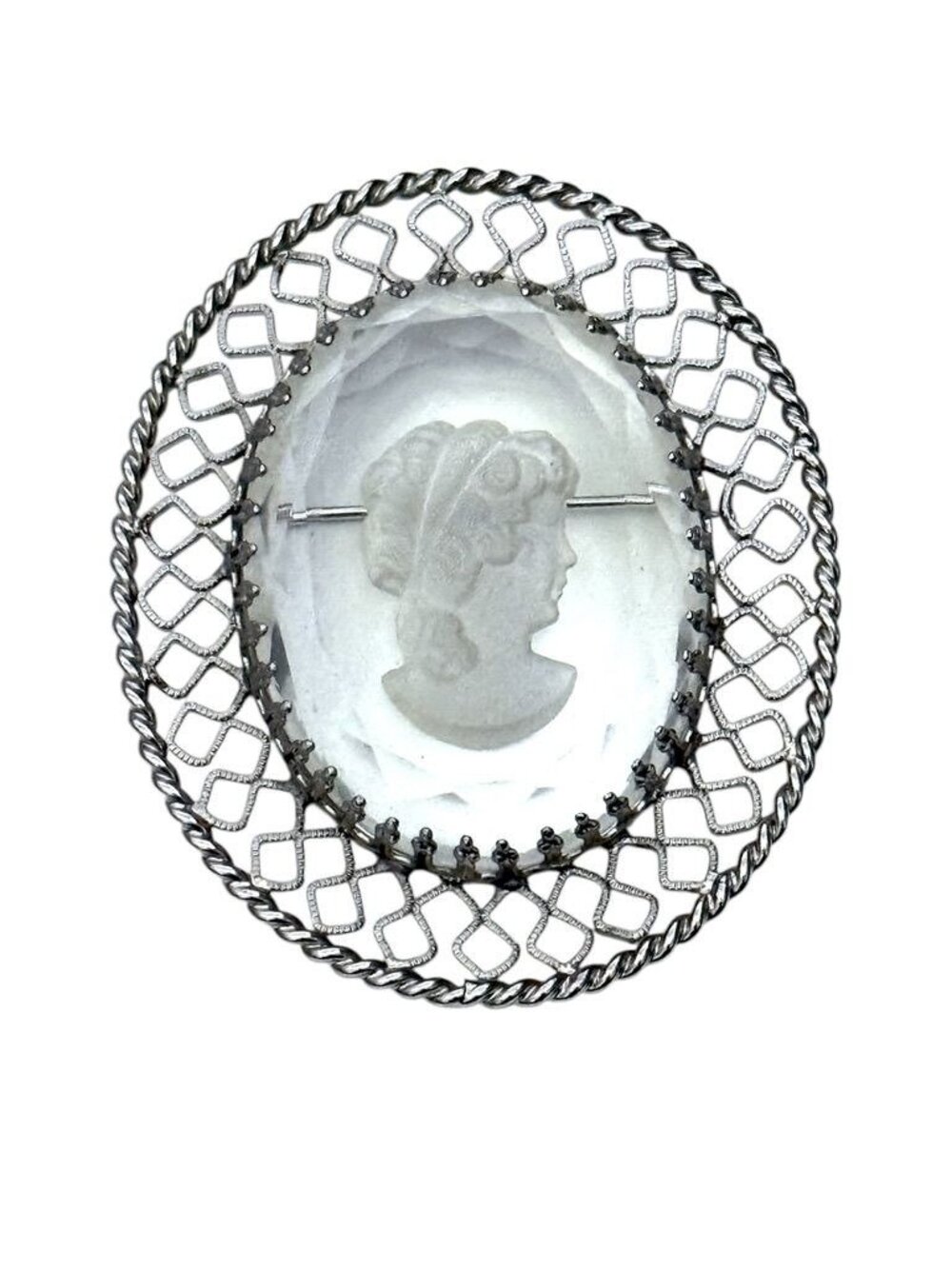 Vintage Oval Crystal Cameo Brooch Silver-Tone Filigree Frame Victorian Style